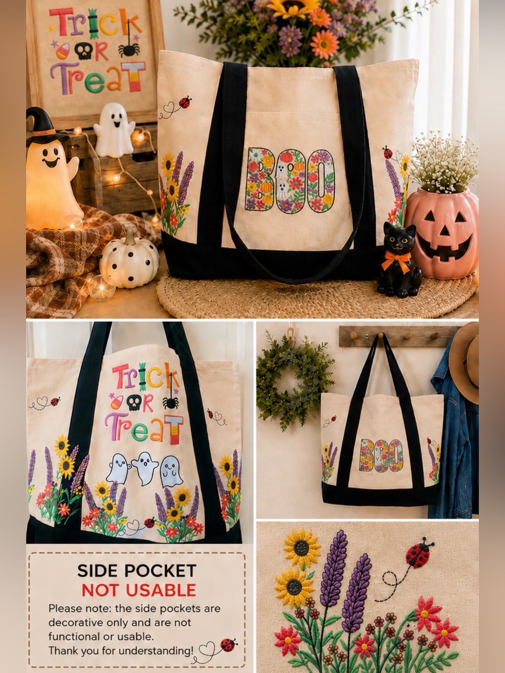 🎃 One-of-a-Kind Halloween Embroidered Canvas Tote 👻🌸